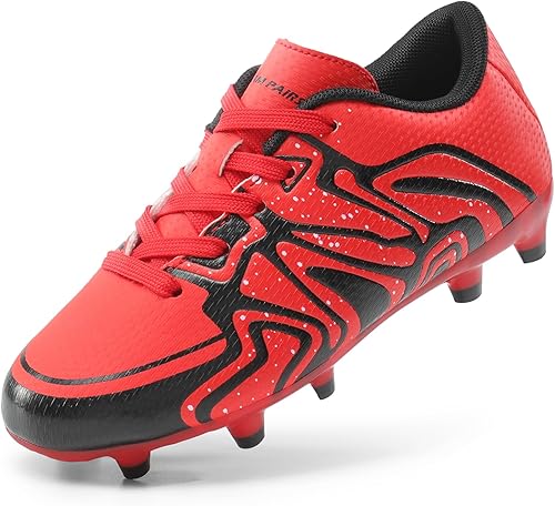 DREAM PAIRS Boys Girls Soccer Cleats Youth Firm Groud Baseball Cleats Sport Athletic Outdoor Trainning Football Shoes for Little/Big Kid,Size 6 Big Kid,Red/Black/Silver,160472-K