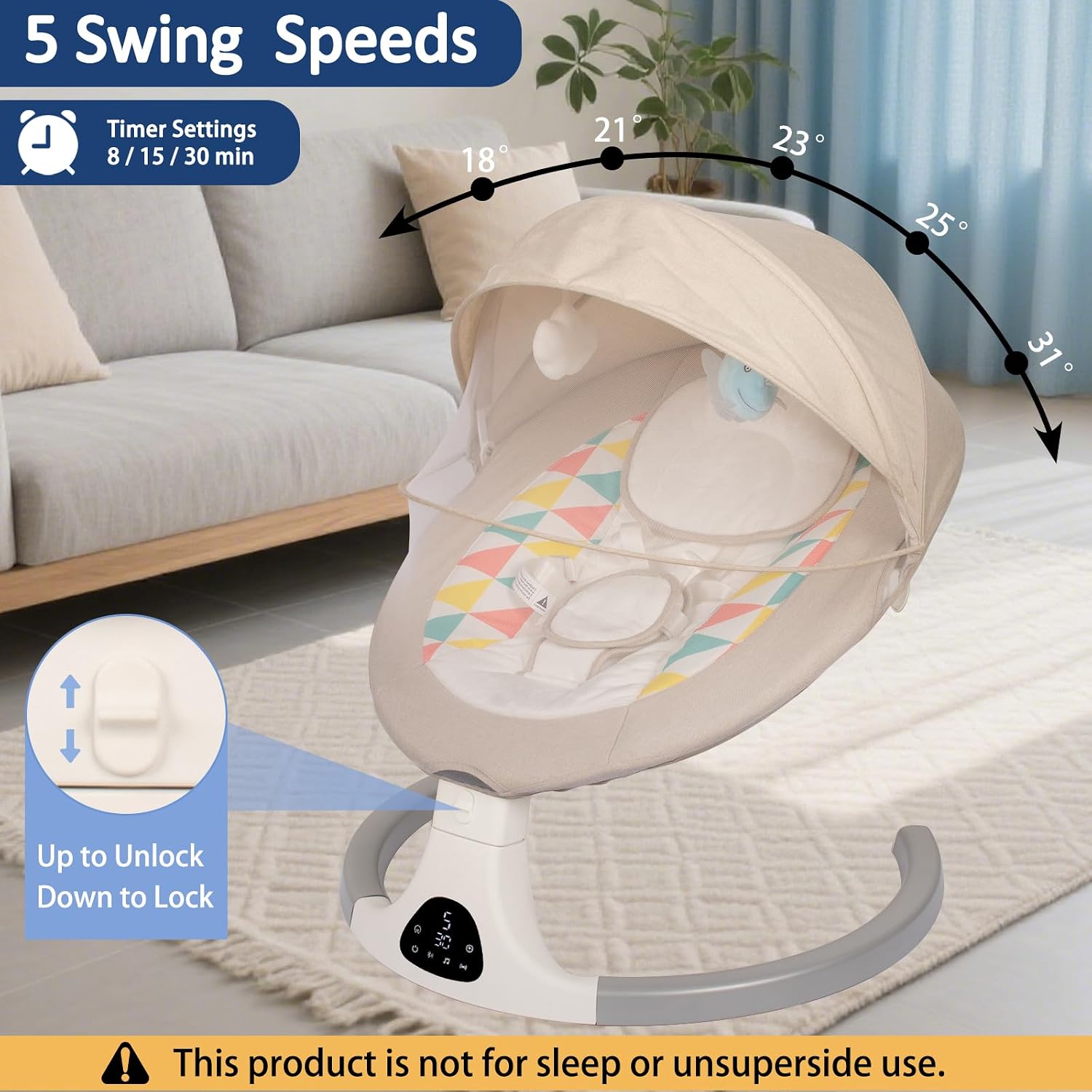 JFOVMCYG Electric Baby Swing for Infants 0-9 Months, Portable Infant Swing with 5 Speeds, Bluetooth Audio, Remote Control, USB Power Cable & Adapter Included, Lvory White, Up to 20 lbs