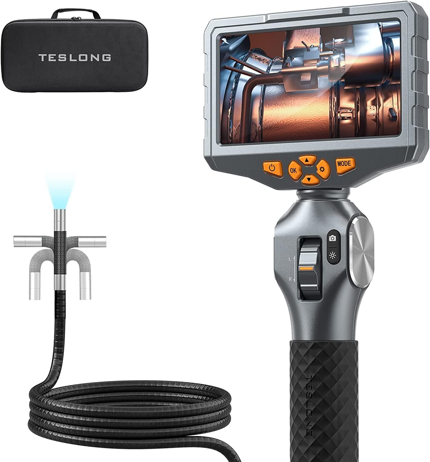 – Teslong Two-Way Articulating Inspection Camera with Light, 5-inch IPS Endoscope Camera with Articulation Head, 5FT Borescope with Lights, Automotive Mechanics Fiber Optic Scope (8.5mm)