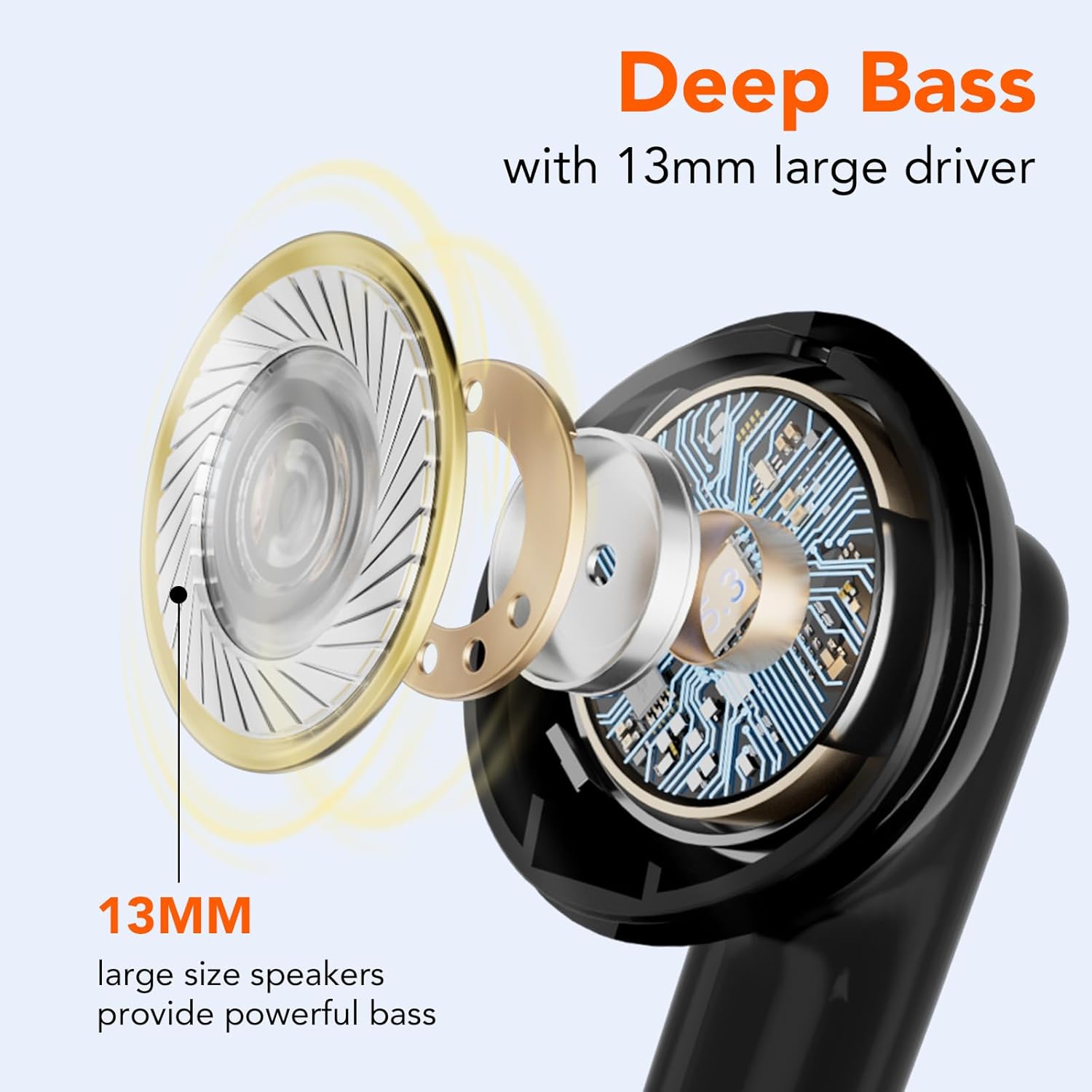 Diagram showing the 13mm large driver for deep bass in coioc S25 earbuds