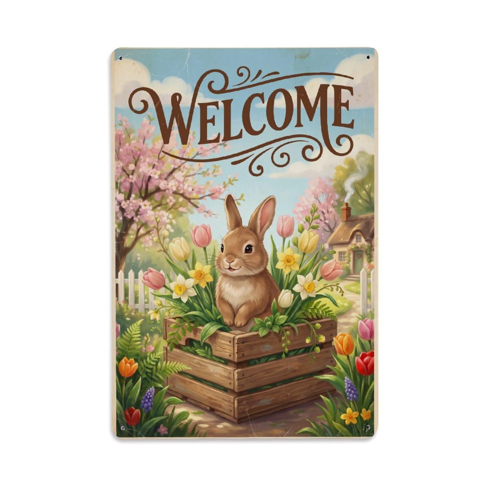Cxhjca 8X12inch(20X30cm) Vintage Welcome Bunny Blooming Season Metal Tin Sign
