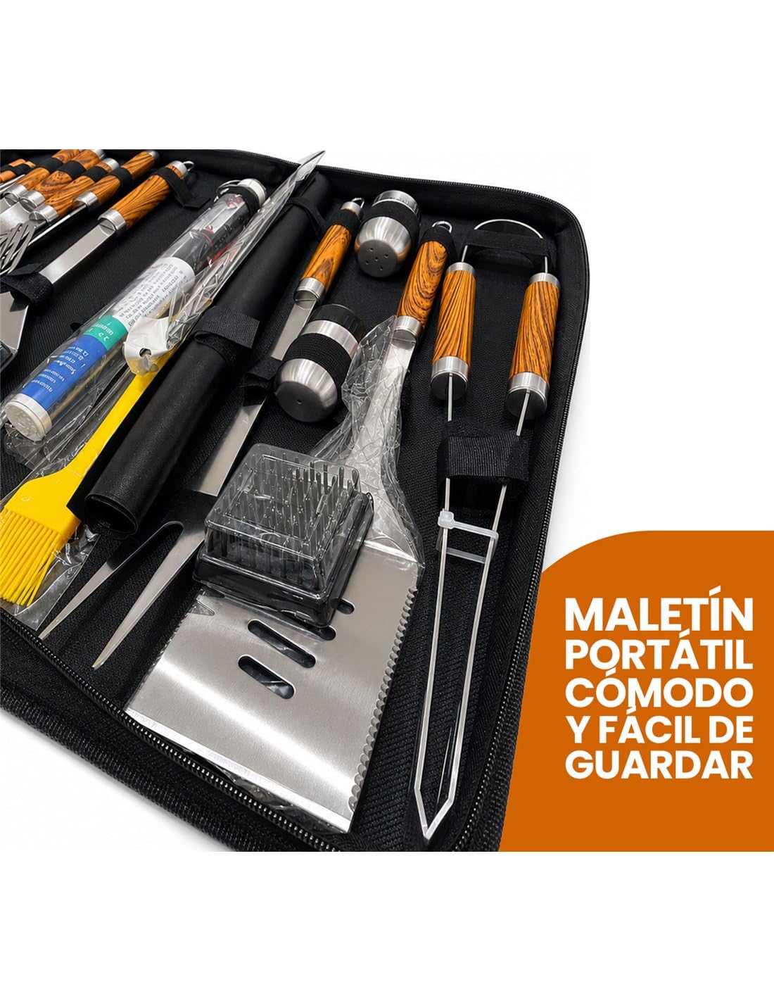 JARDIN202 - Juego Utensilios Barbacoa, Accesorios Parrilla Acero Inoxidable, Set Grill, Kit de Herramientas BBQ con Bolsa de Transporte | (38 Piezas)