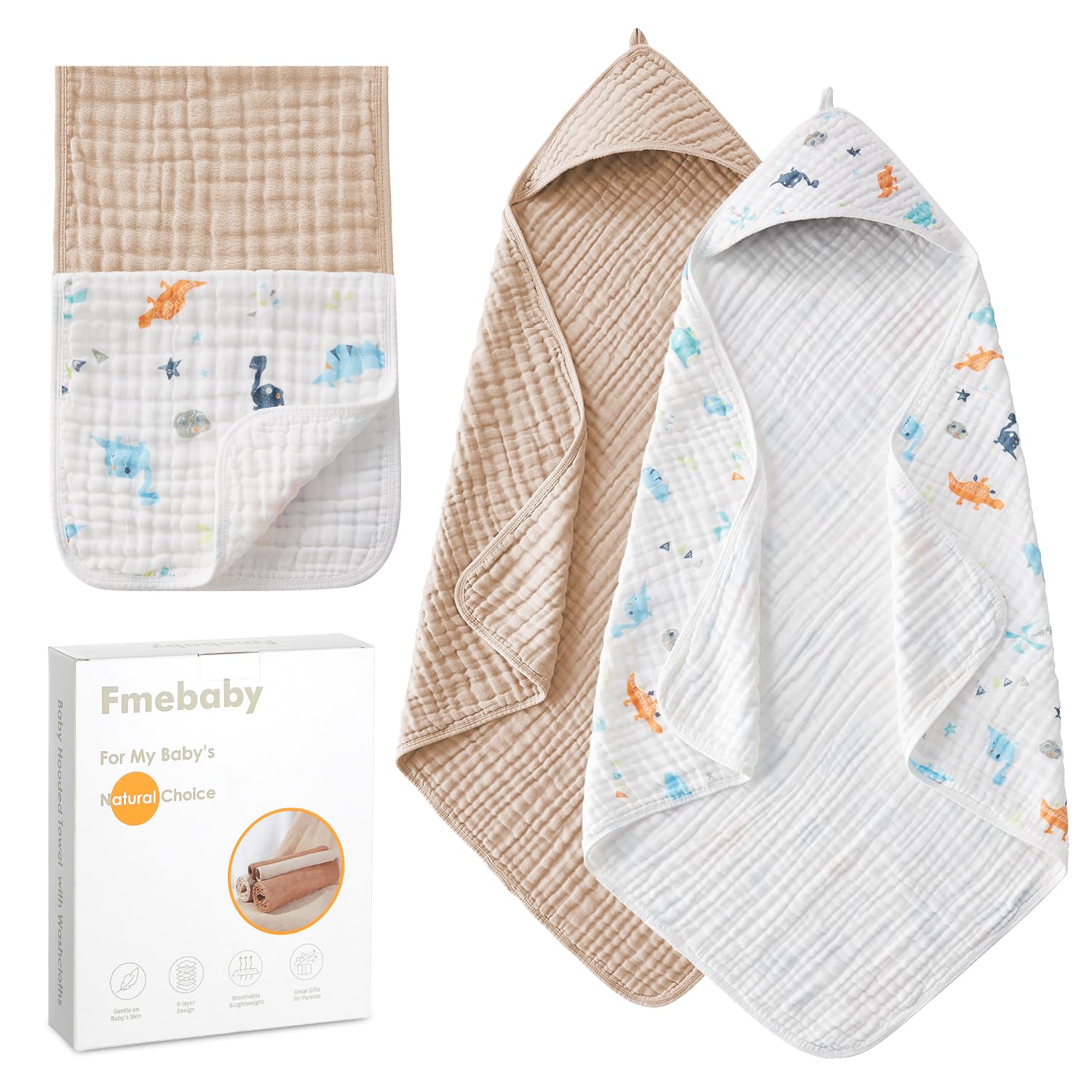 Hooded Baby Towels for Newborn 2 Pack 36x36 Inch Muslin Cotton Baby Bath Towel and 2 Pack Washcloths