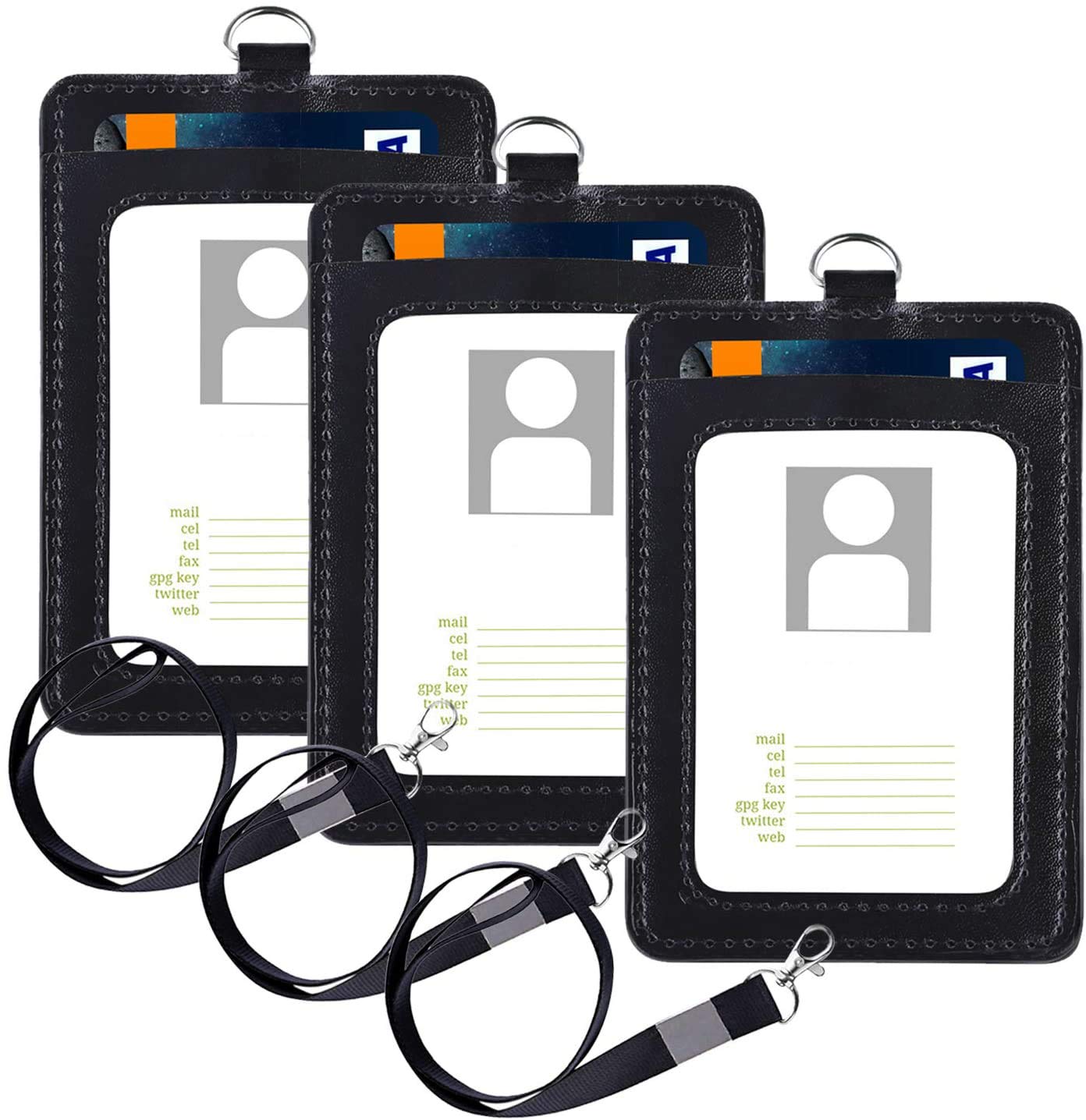 Elimoons Badge Holder with Lanyard, PU Leather ID Badge Card Holder Wallet with 2 Card Slots Pack of 3