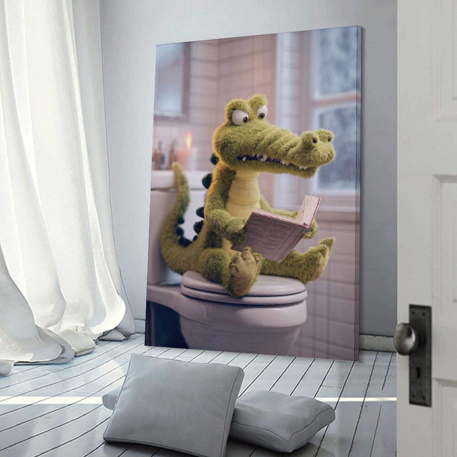 Junmoney Crocodile Reading on The Toilet Wall Decor Canvas Print, 08x12inch(20x30cm), for Wall Displays, Bedrooms Or Room Updates, Wall Decor Suited to Curated Displays