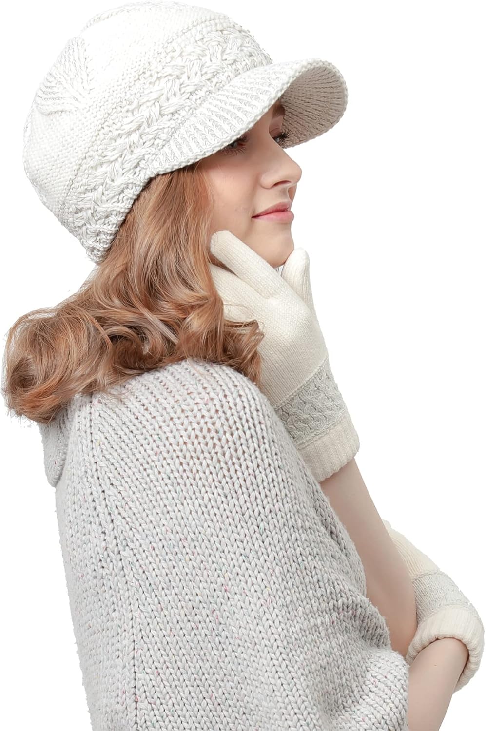 BYOS Women's Winter Chic Cable Fleece Lined Knit Newsboy Visor Cap & Gloves Matching Set