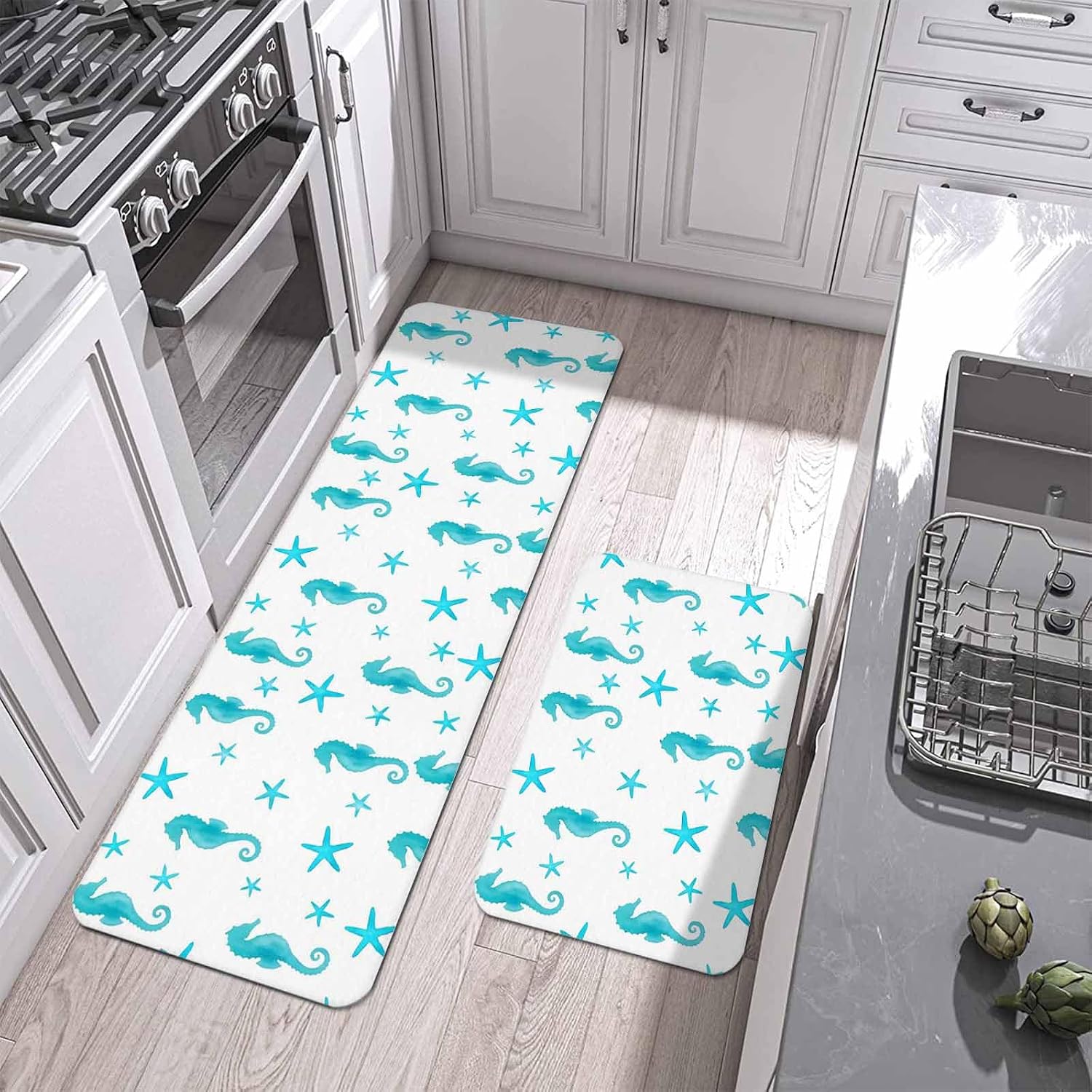 Prime Leader Turquoise Marine Life Kitchen Mat Set 2 Pieces Summer Seahorse and Starfish Ocean Non Slip Kitchen Rugs Washable Runner Rug Mats for Sink Laundry (15.7" x 23.6"+15.7" x 47.2")