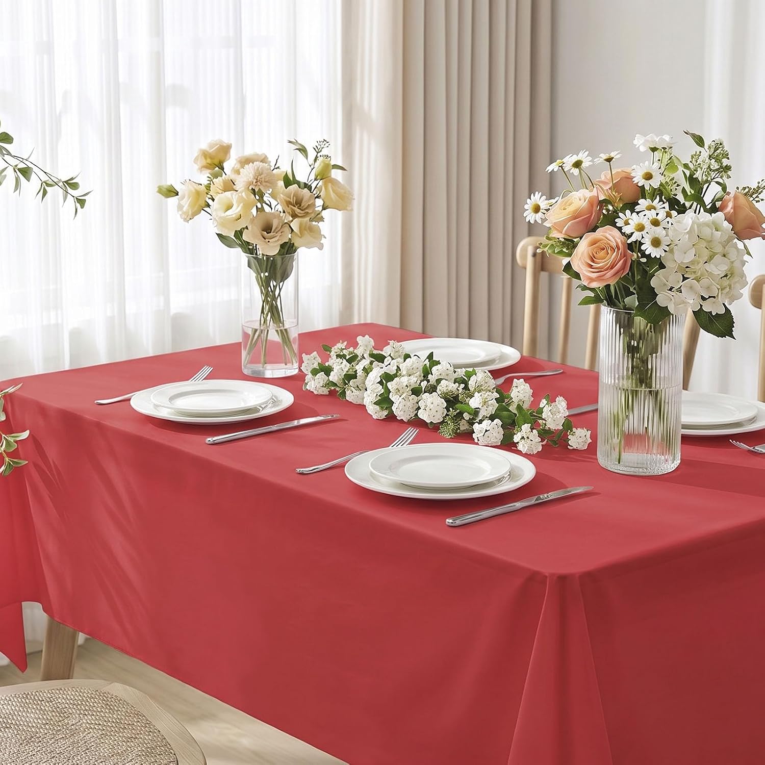 12pcs Plastic Tablecloth Disposable 54 x 108 Inch Rectangle, Red | Table Covers for Party, Picnic and Wedding