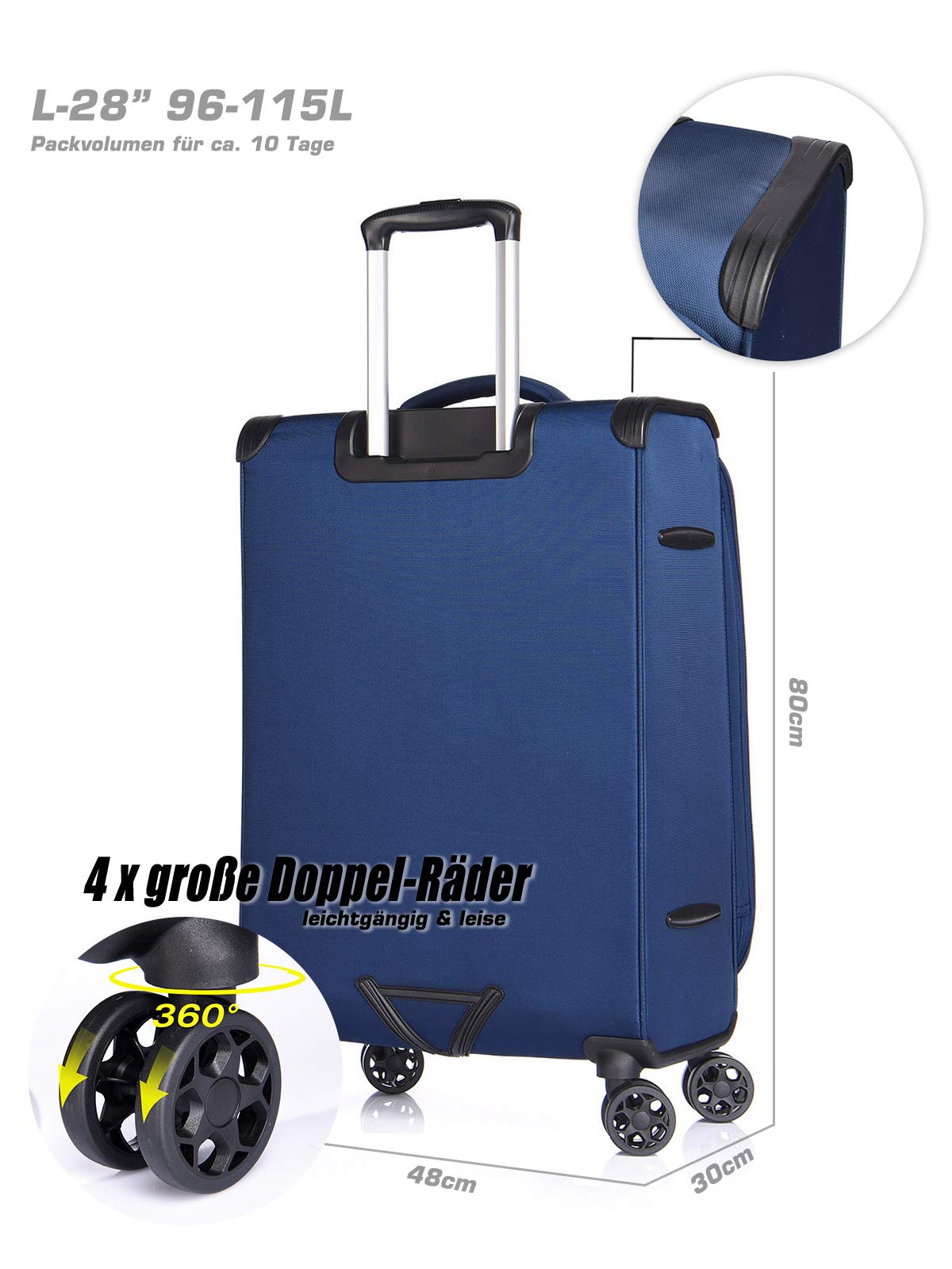 Verage Toledo Weichgepäck 4 Doppelrolle großer Koffer Trolley L-83cm 96-115 L erweiterbar, TSA-Schloss, Weichschale-Reisekoffer Blau
