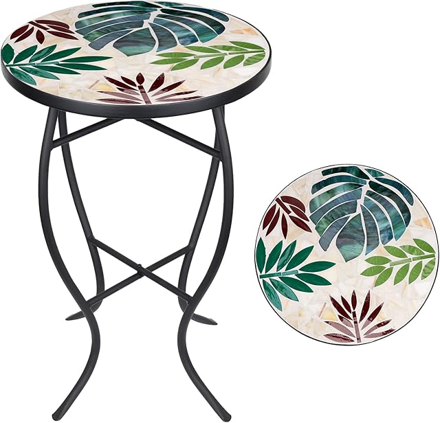 Patio Side Tables Outdoor, 14" Leave Patio Accent Round Glass Mosaic Table Stands for Porch Balcony Backyard Garden Indoor Outdoor