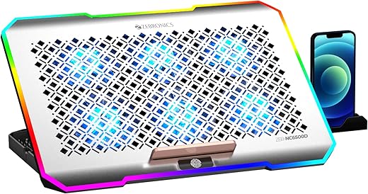 ZEBRONICS NC6500D Laptop Cooling Pad with Support up to 17 inch (43.18 cm) Laptops, Hexa Fans, Speed Control, RGB LED, Detachable Mobile Holder, 5…