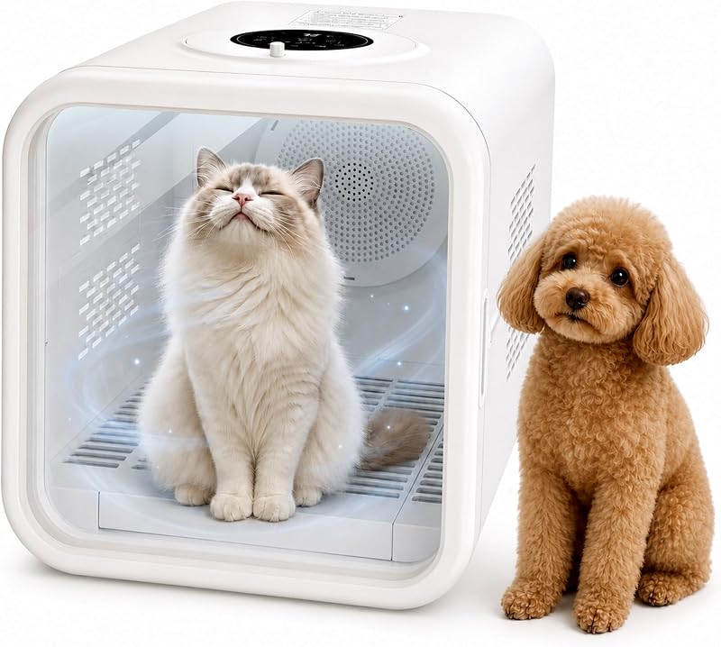 Pet Dryer Box Cat Dryer Small Dog, Petting Window Quiet Fast | Pet Drying Box For Cats Up to 24lbs & Small Dogs, 1200W 35-40dB, 3 Speeds, Auto Thermostat