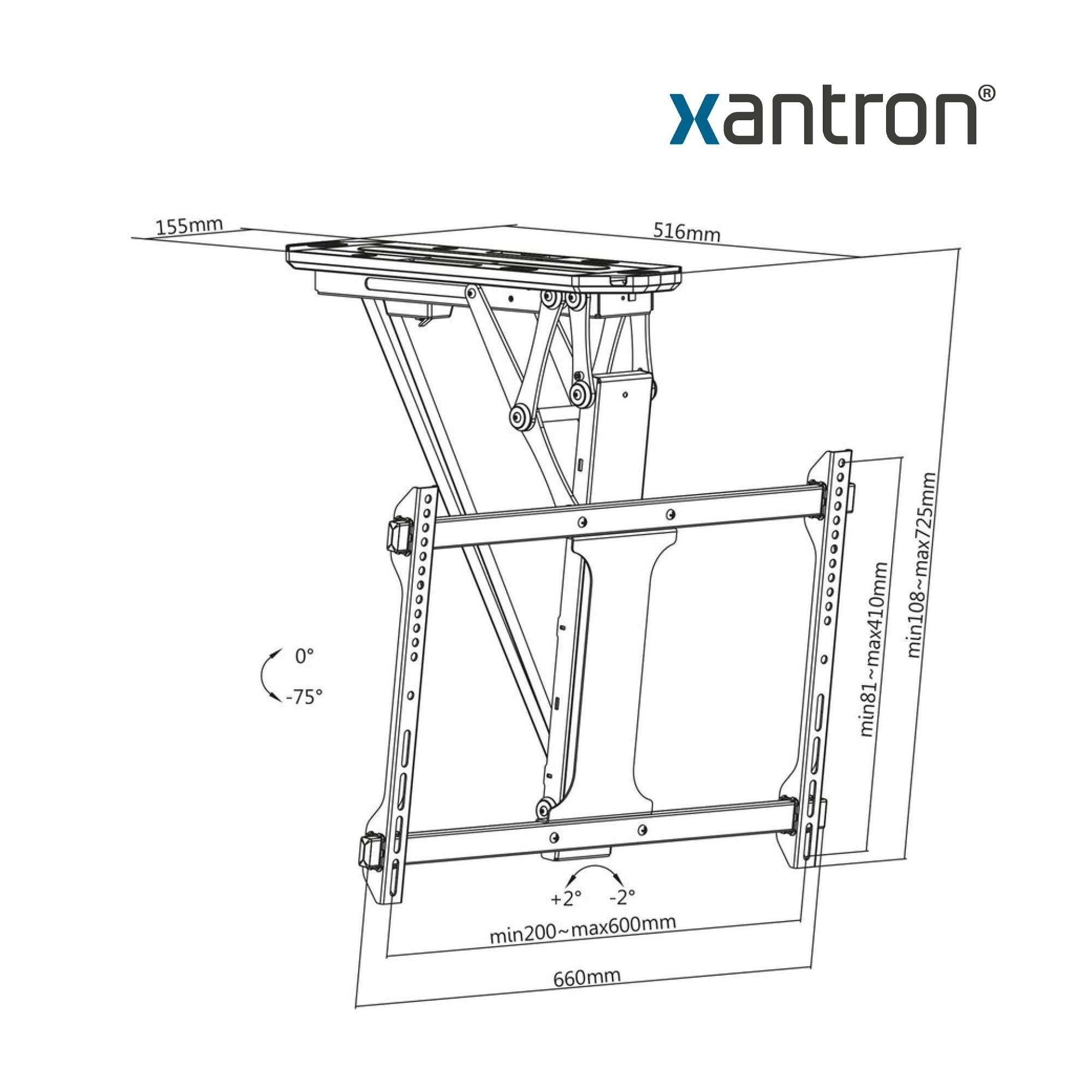 Xantron® DEHA-600E Soporte de Techo para TV Eléctrico Plegable Inclinable/Soporte TV motorizado de 32-70 Pulgadas/Soporte de Techo para Monitor con Material de Montaje y Mando a Distancia