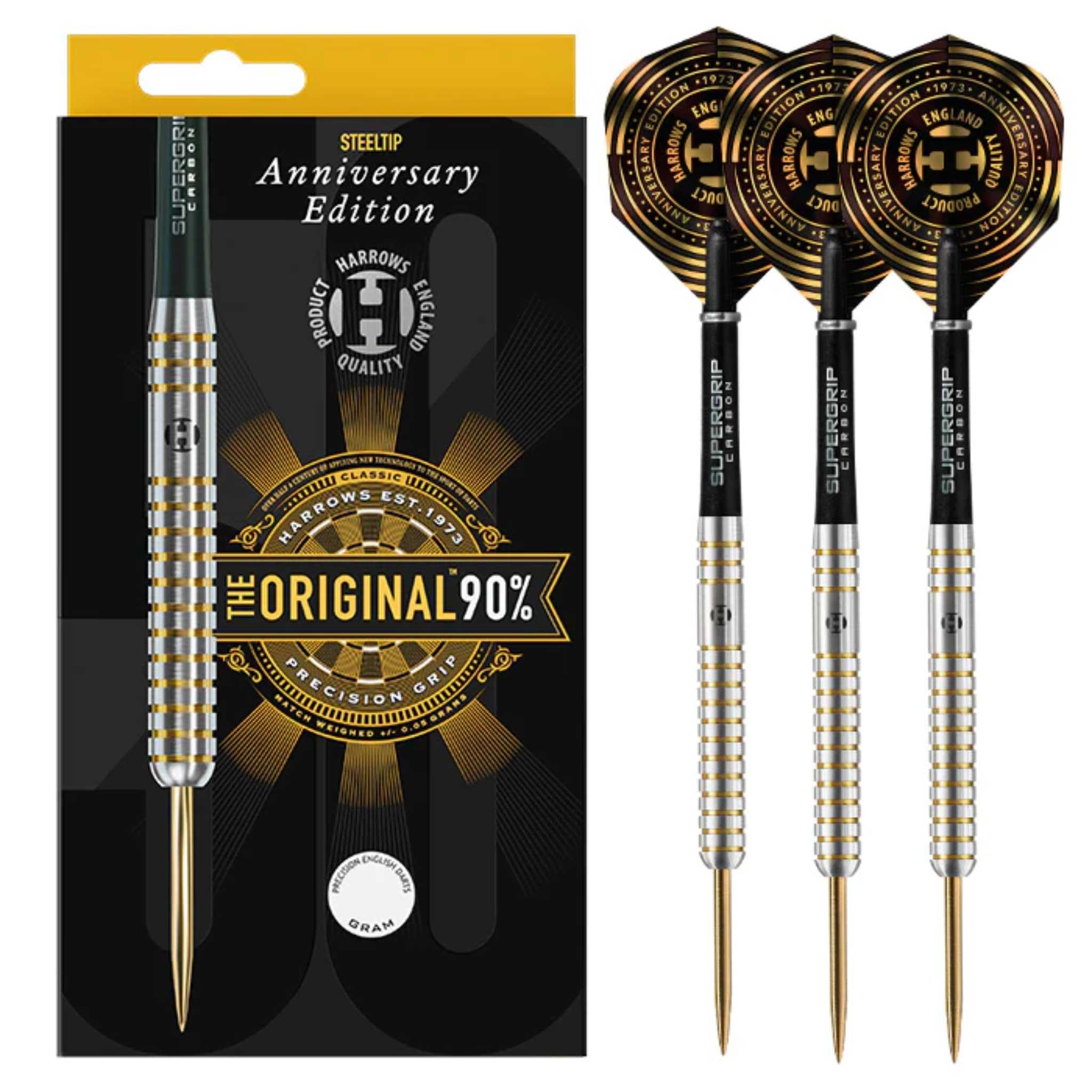 Harrows Set di Freccette Originali al 90% in tungsteno, Disponibile in 22 g, 24 g e 26 g, con fusti in Carbonio Midi Supergrip e Alette Anniversary da 100 Micron (24 g)