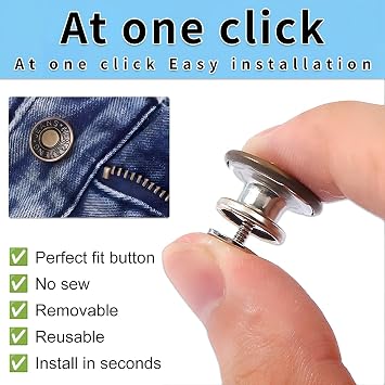 Button Pins for Jeans,No Sew and No Tools Instant Jean Buttons 6 PCS for Loose Jeans,Adjustable