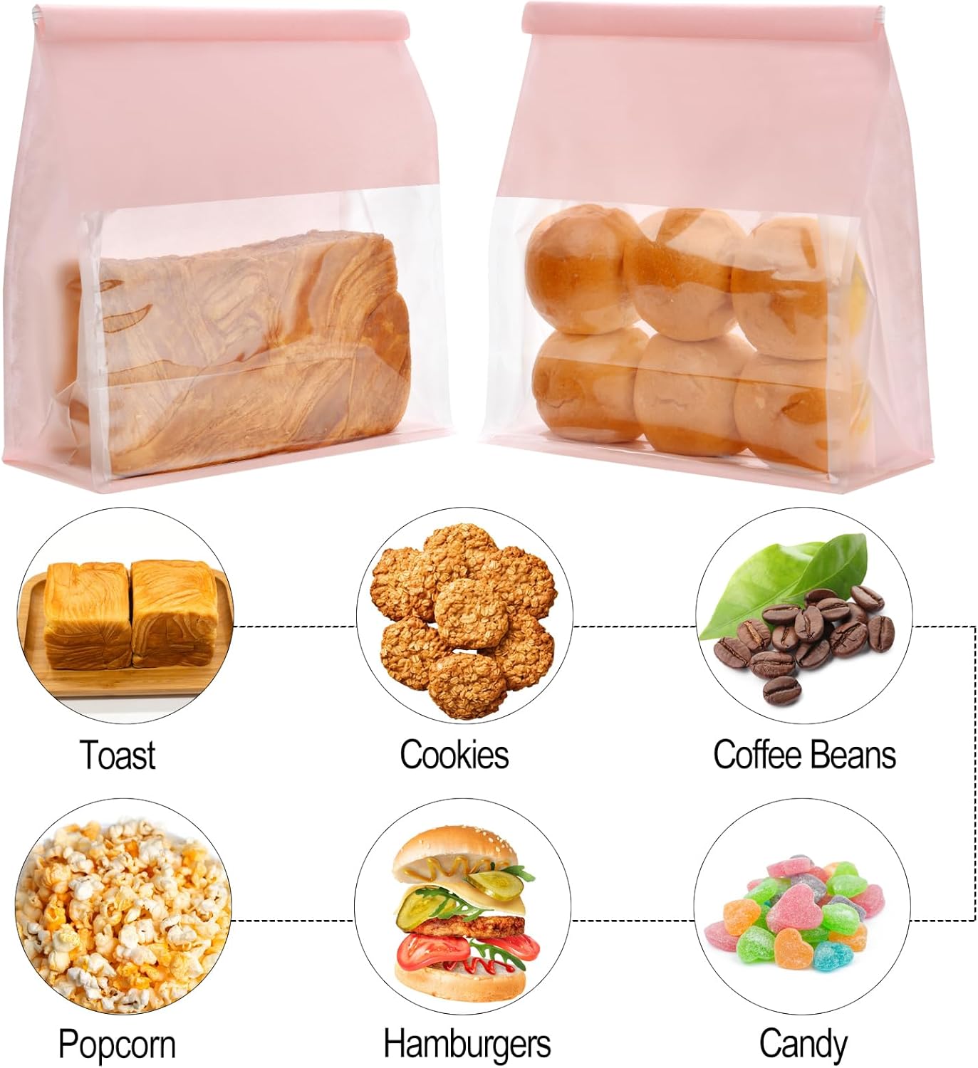 "Funcoo 100 Bread Bags with Tabs for Homemade Sourdough Bread, 8.7x4.3x11 Inches Pink Bakery Storage Bags with Window/Ties, Large Bakery Loaf Bag for Baked Goods Packaging"