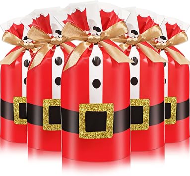 Xuniea 50 Pieces Christmas Drawstring Gift Bags Santa Claus Suit Christmas Wrapping pouches Xmas Treat Candy Bags with Drawstring for Xmas Holiday Birthday Party Gift Supplies Favor
