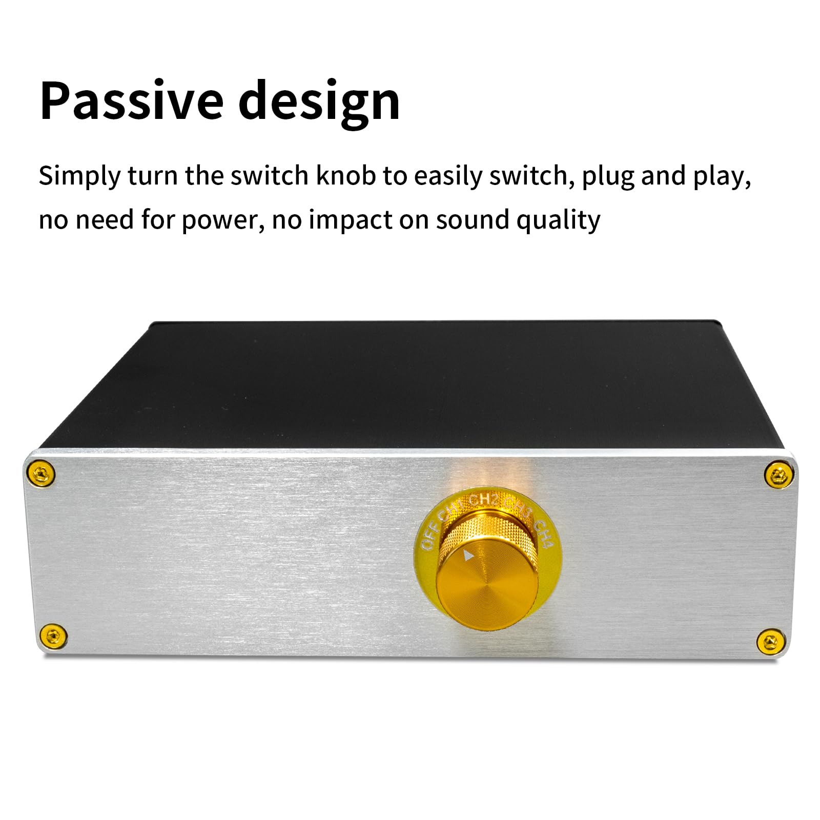 Switch Box audio RCA 4 in 2 Out - Selettore commutatore audio stereo passivo con jack RCA placcati oro e custodia in lega di alluminio, selettore di ingresso a 4 vie per lettore CD, TV, amplificatore