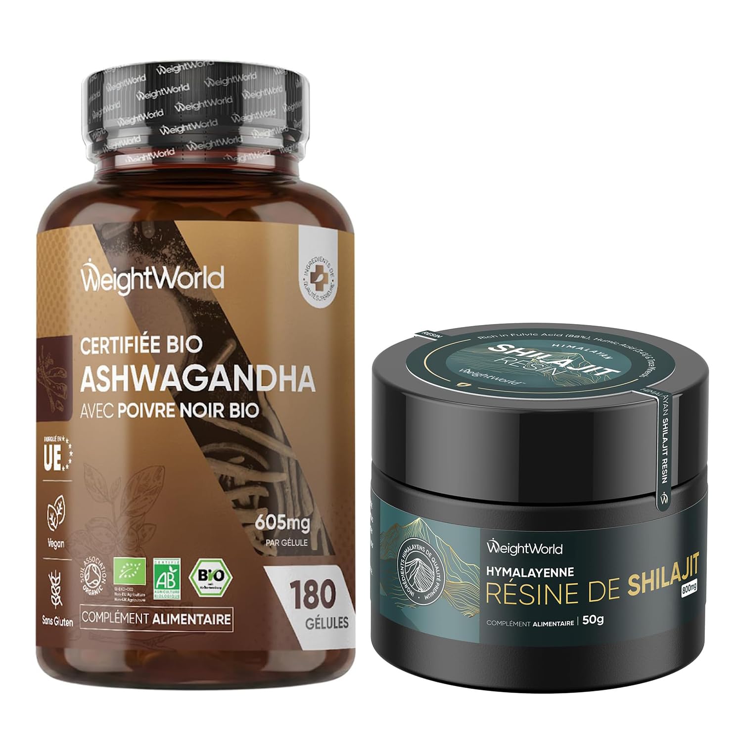 Duo - Ashwagandha Bio avec Piperine en Gélules & Résine de Shilajit 50g | Pack Duo - Ashwagandha & Shilajit