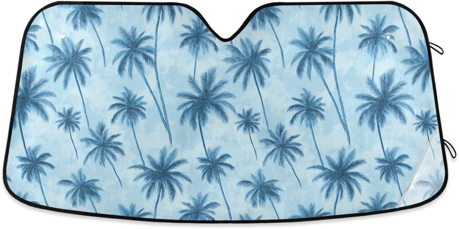 Car Windshield Sun Shade Blue Palm Trees Reflective Sunshade for Ultimate Protection Fits Small Sedans, Mini SUVs, Hatchbacks