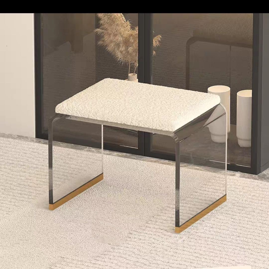 Stool, Transparent Acrylic Stool with Cushion Vanity Chair Small Ottoman Makeup Dining Room Foot Rest for Couch Living Bedroom(White,Small)