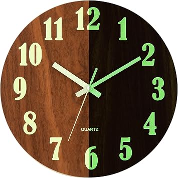 Wall Clock, Luminous, Stylish, Silent, Nordic, Wall Clock, Easy to Read, Fluorescent, Second Hand, 3D Letter, Simple, 11.8 inches 30 cm Wood Grain 2D