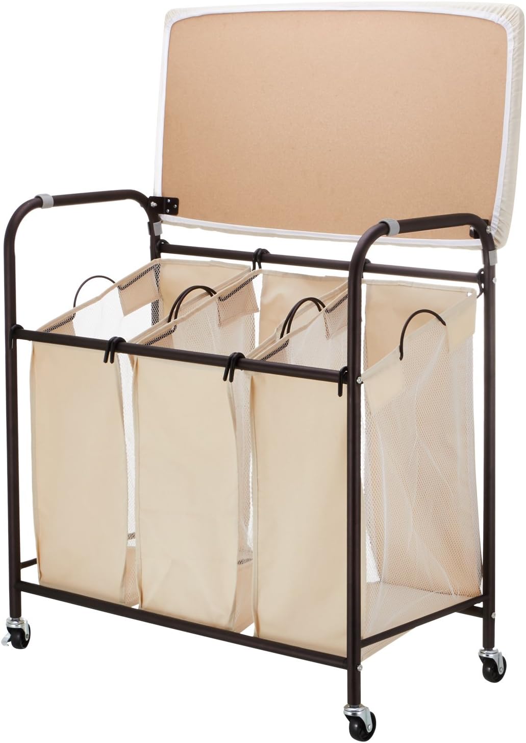 One-Day Sale: Up to 50% Off Ollieroo Classic Rolling Laundry Sorter Cart Heavy Duty 3 Bags Laundry Hamper Sorter with Ironing Board (Beige)