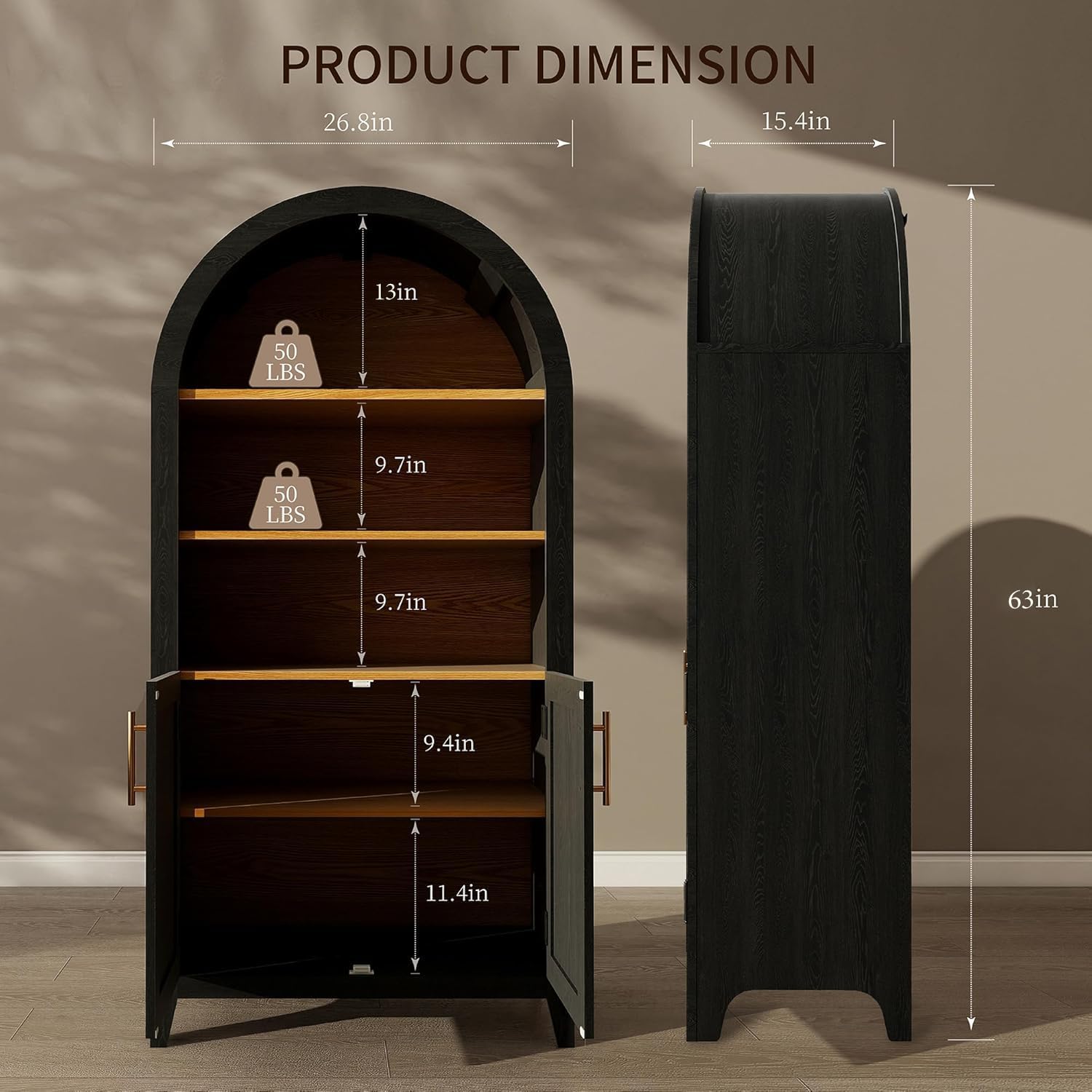 63” Arched Storage Cabinet with Rattan Door, 5-Tier Arched Bookcase, Farmhouse Kitchen Pantry with Storage – Perfect for Dining Room, Living Room, Kitchen or Home Office