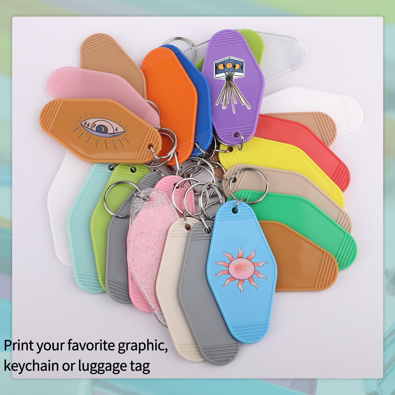 100 PCS Hotel Keychain Blank with Key Rings,20 Colors Rainbow Plastic Rhombus Vintage Motel Keychains Blank for DIY Sublimation Luggage Tag Label Craft Gifts Decorations