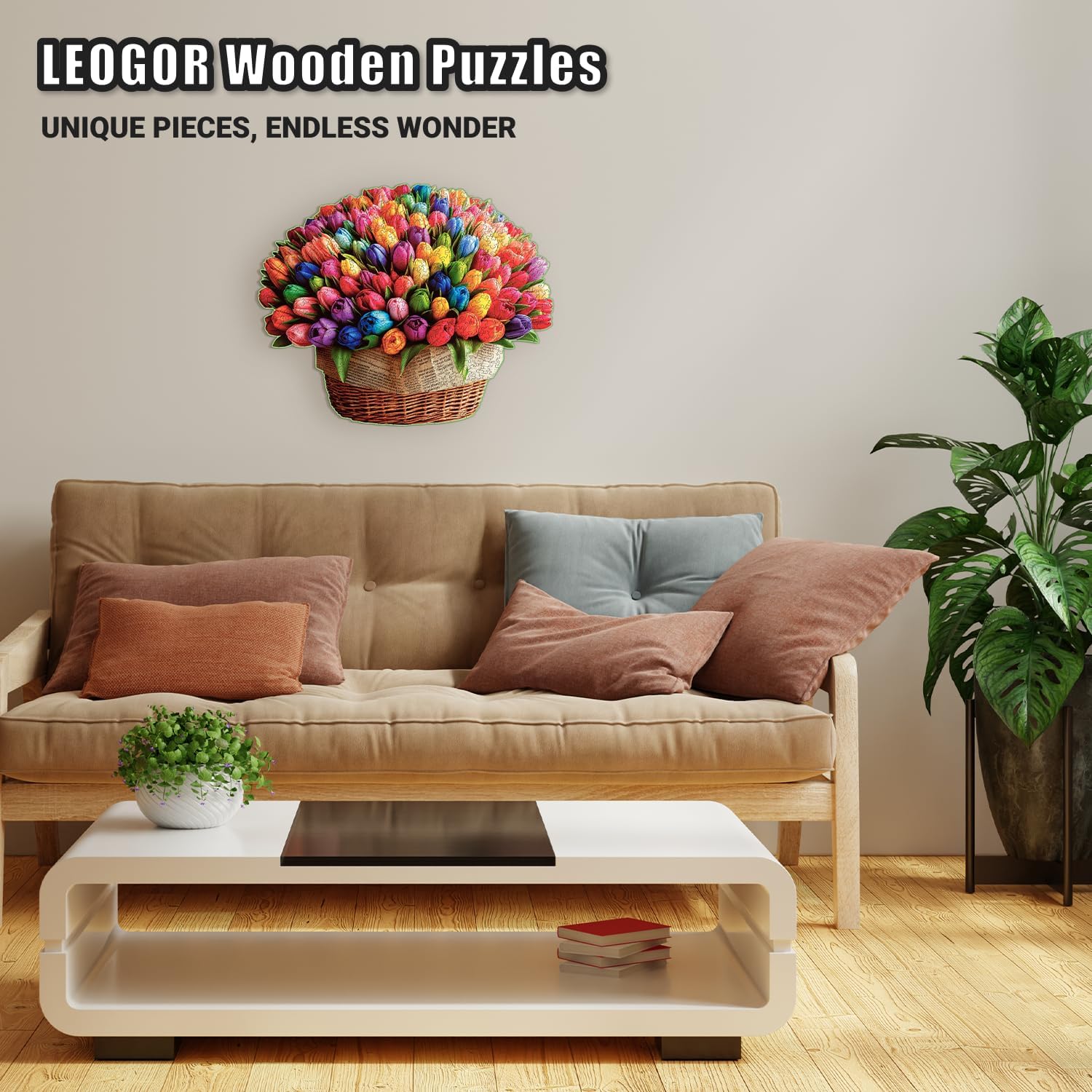 LEOGOR Wooden Jigsaw Puzzles for Adults 500 Pieces (20.6 x 16.9 in), Rainbow Flower Puzzle, Large Tulip Mosaic Wood Puzzle with Unique Animal Shapes, Extra-Thick 5mm Pieces, Premium Gift for Women