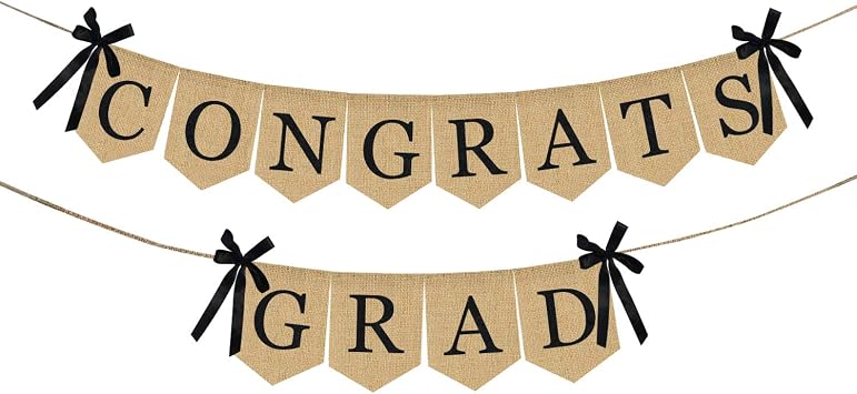 Burlap Congrats Grad Graduation Banner - No DIY Required | Rustic Vintage Graduation Decorations Sign for College Grad Party and High School Graduation Party Supplies 2026