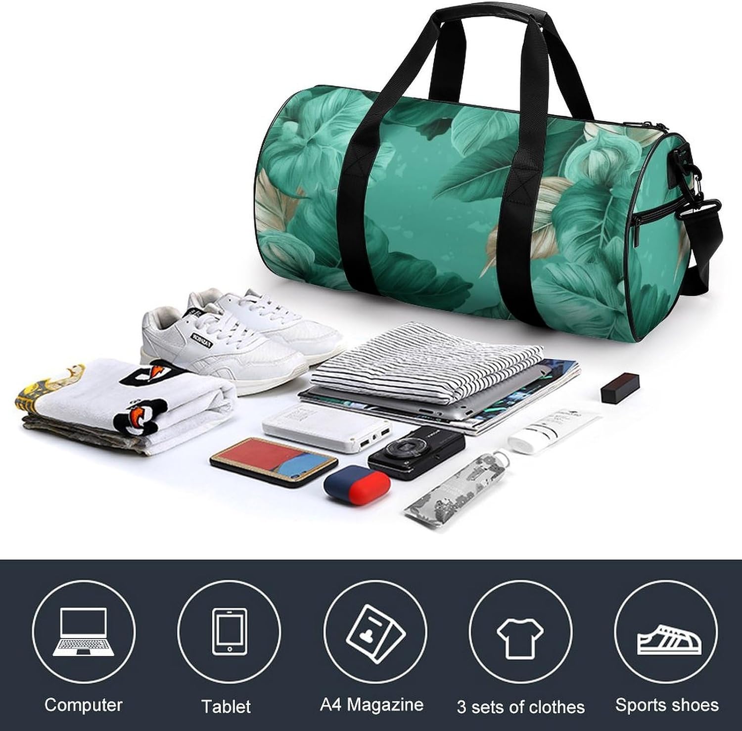 Turquoise Green Leaves Gym Bag Hand-held Fitness Bags Cylindrical Fitness Bag with Shoe Large Compartment Duffle Bags for Travel Sports Unisex image 4