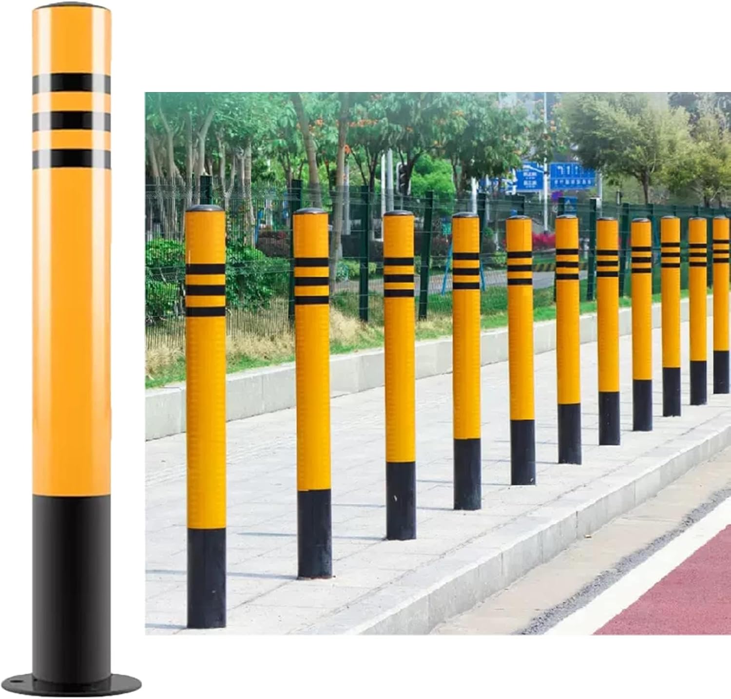 Safety Parking Bollard Steel Security Traffic Control Pole High Yellow Powder Coated Reflective Road Marking 3Pack 75cm/29.5in