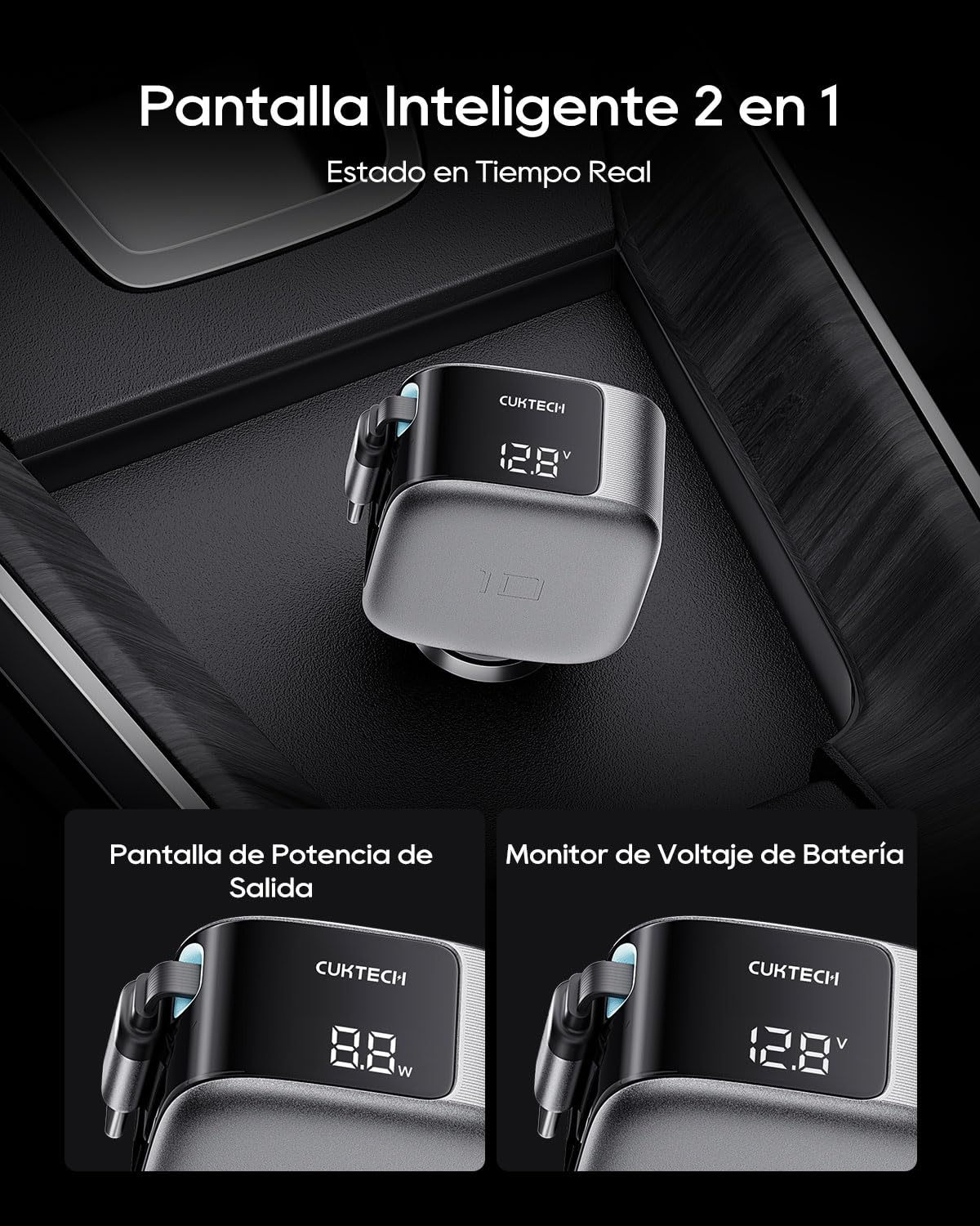 CUKTECH 85W Cargador Coche Retráctil Carga Rápida, Car Charger USB C 3 Puertas (2C1A) con Cable Retractil, Compatible con iPhone 17 Pro MAX Air/iPhone 16/15/14, Galaxy S25/24, MacBook, iPad Pro