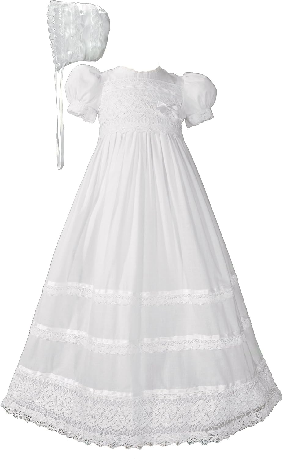 Girls Cotton Short Sleeve Dress Christening Gown Baptism Gown with Laces and Ribbon