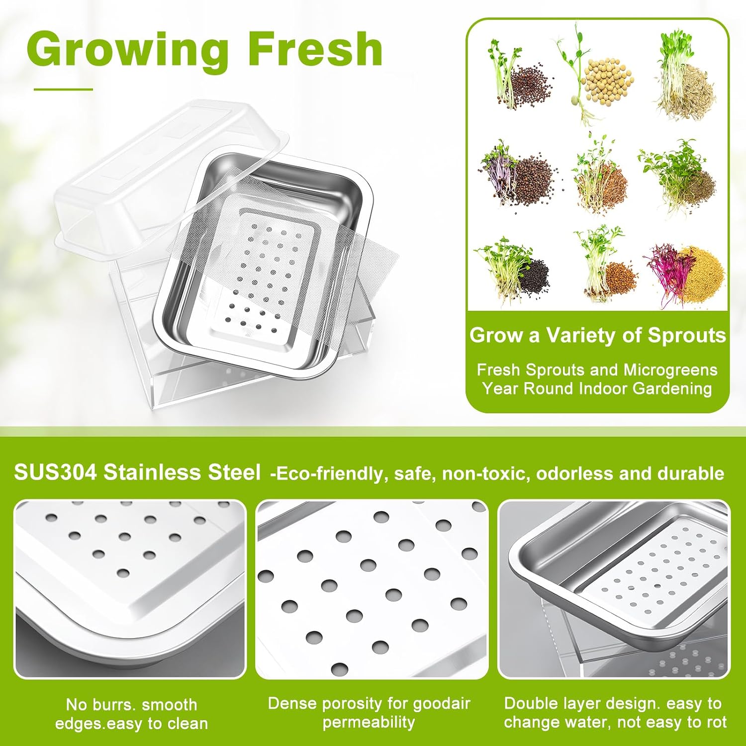 2 Pack Upgraded Visual Seed Sprouter Tray, Seed Sprouting Kit with Lid, 10.4" Soilless Germination Set, Microgreens Growing Kit, Encrypted Mesh Starter Tray for Beans Broccoli Wheat Grass