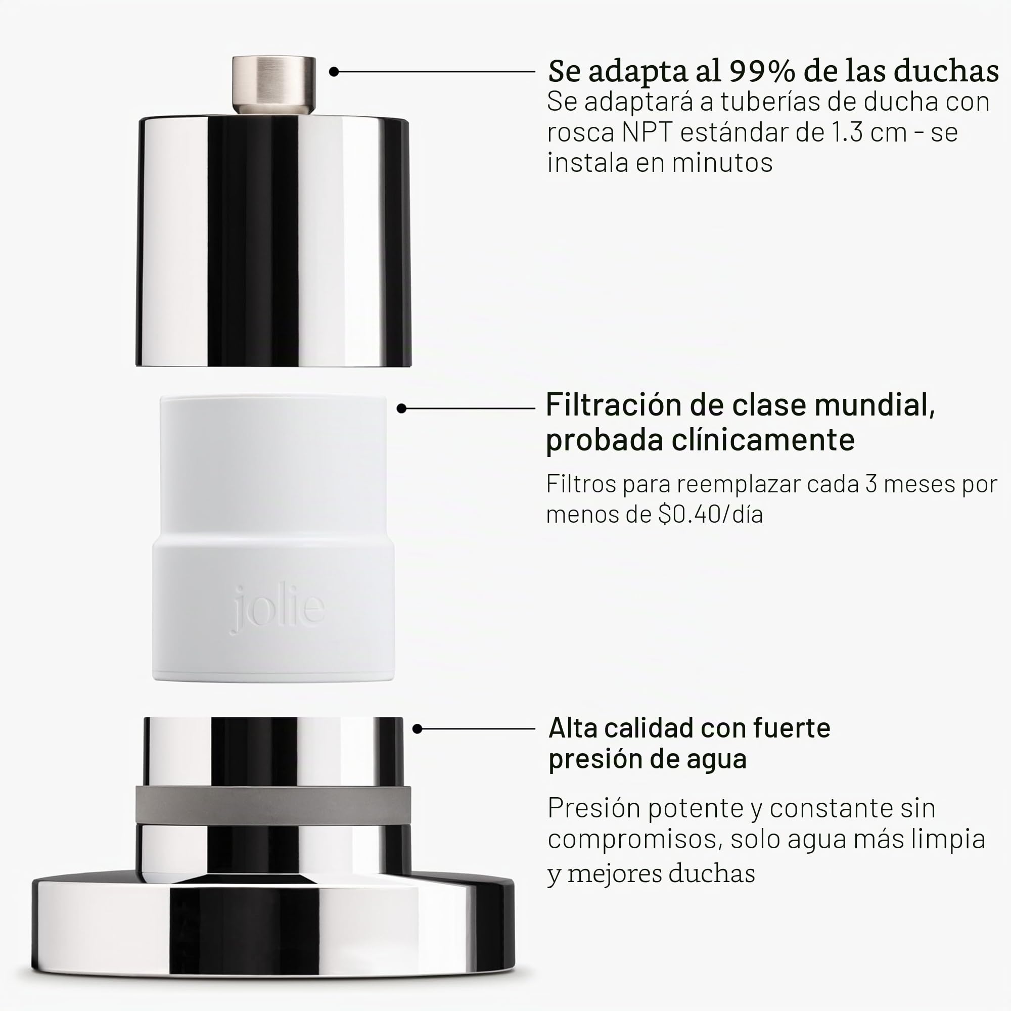 The Jolie - Cabezal de ducha filtrado con sistema de filtro de agua de ducha, cabezal de ducha de alta presión, accesorio para el cuidado del cabello y la piel para mejorar la belleza y la rutina de