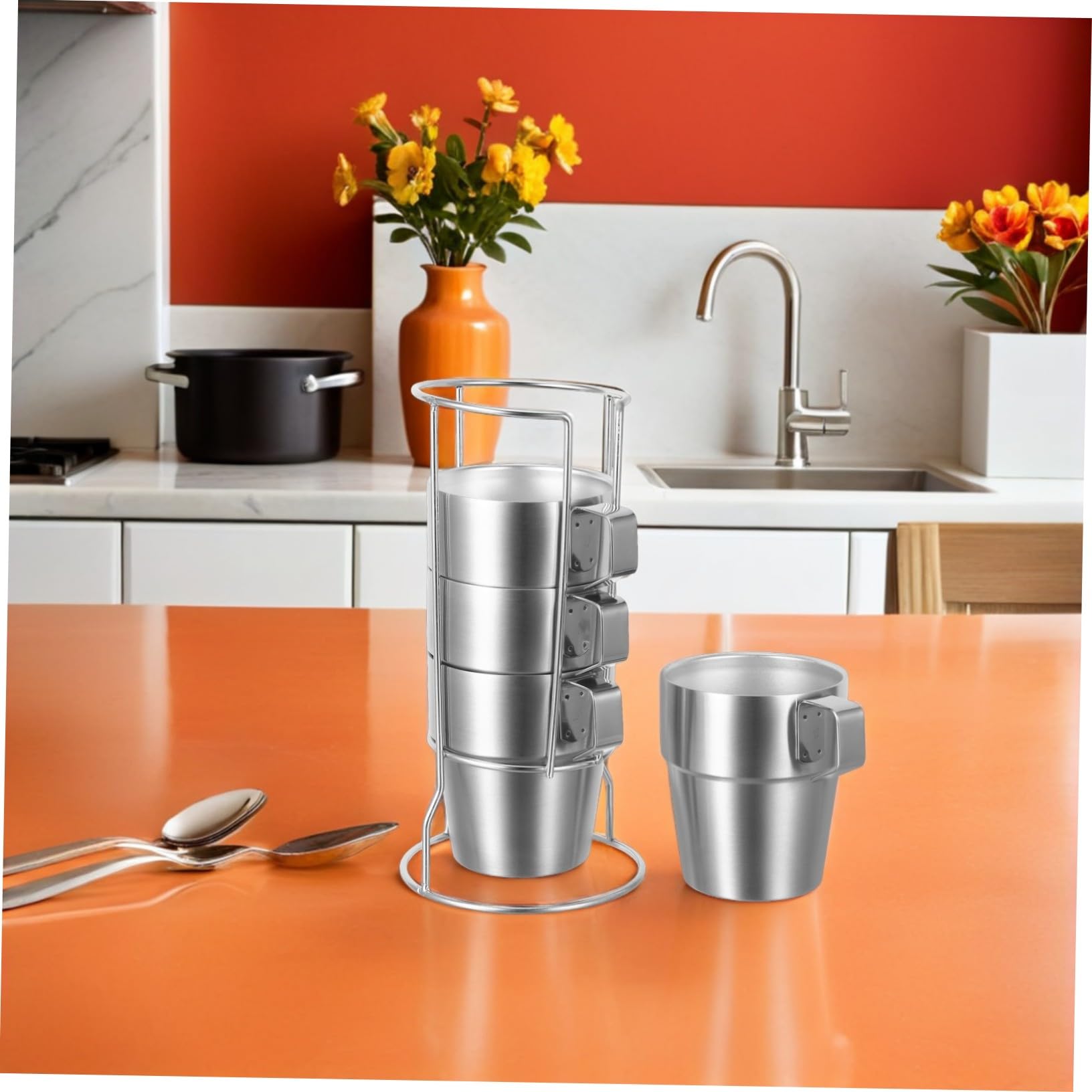 Healifty Tazas Apilables de Acero Inoxidable con Doble Pared y Aislamiento Térmico con Asa y Soporte para Camping Té Café y Bebidas Frías Tazas Infantiles Antitérmicas