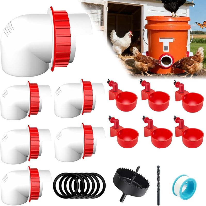 6-Port DIY Chicken Feeder and Waterer Kit, No-Waste Automatic Gravity Poultry Feeder-Spill-Proof, Rain-Proof Design for Buckets, Barrels, Bins, Troughs