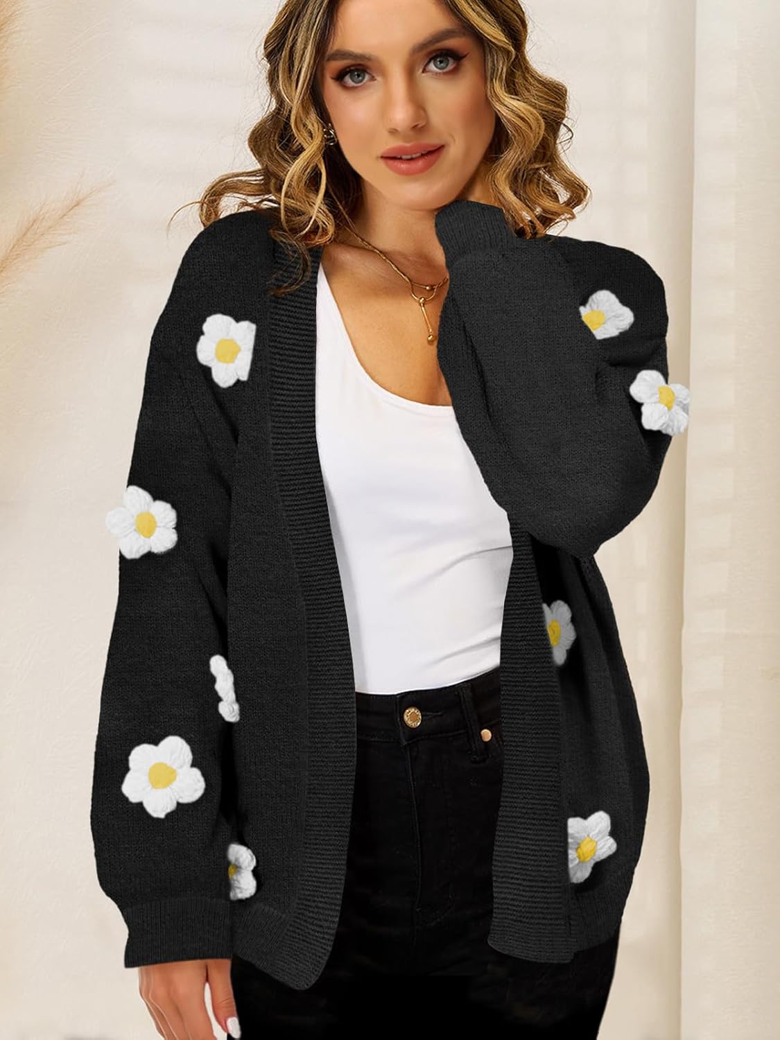 Women's Boho Crochet Cardigan Oversized Open Front Long Sleeve Floral Embroidery Knit Sweater - Image 2