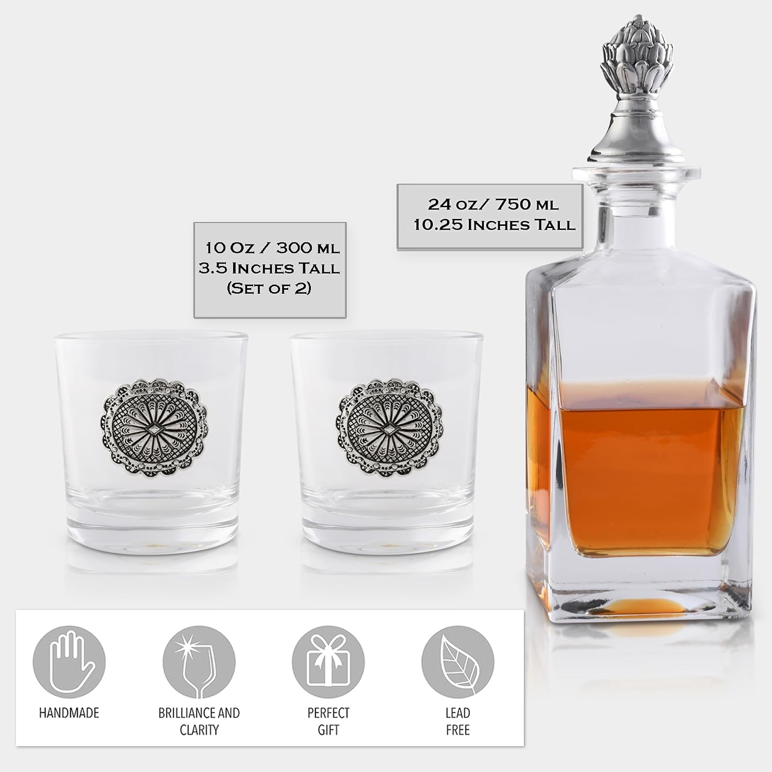 Arthur Court Western Concho Liquor Decanter Set with Pair of Concho Glasses 750 ml Groomsmen Gifts, Wedding Gifts For Couple, Bar Décor, Or Man Cave Décor