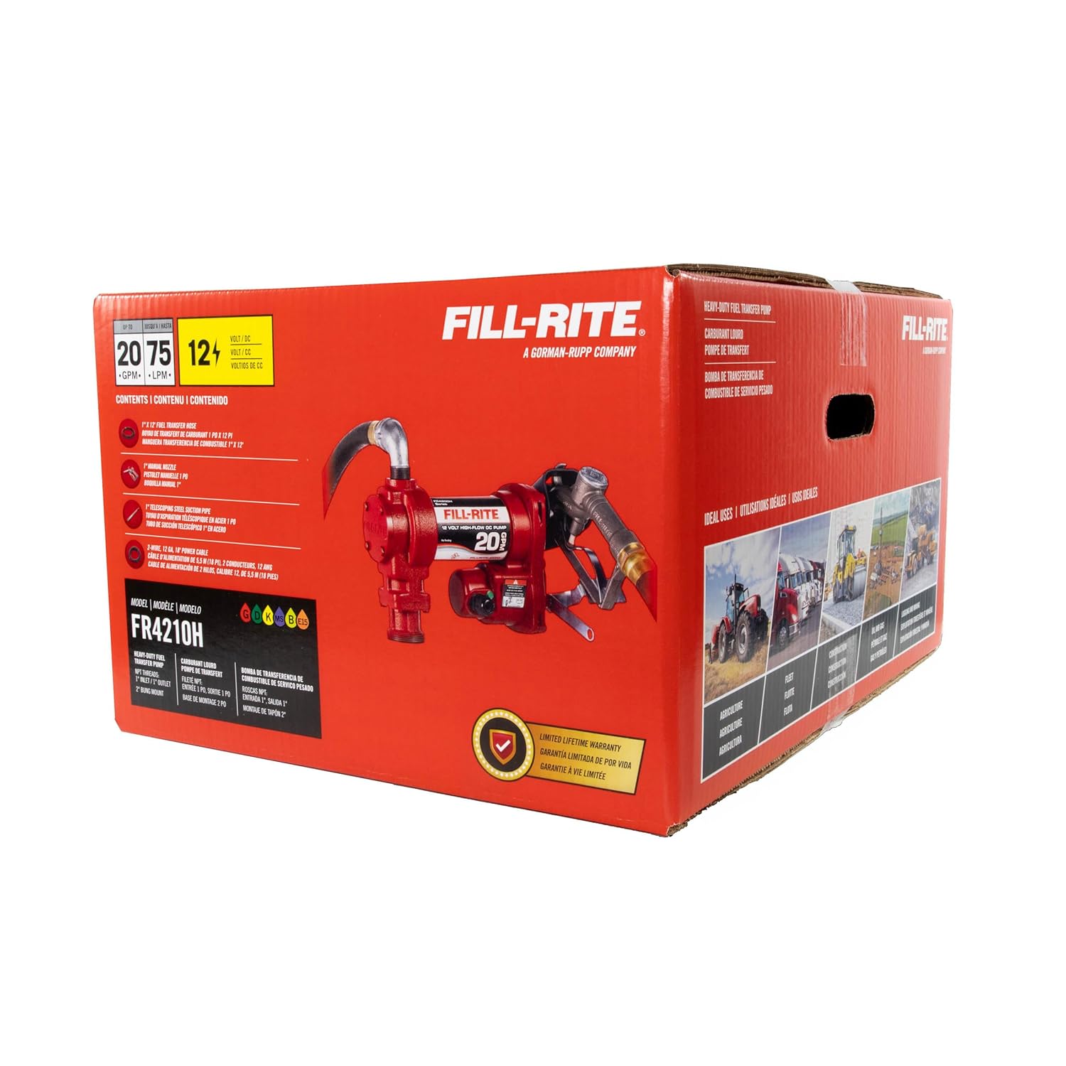 Fill-Rite FR4210H 12V 20 GPM Fuel Transfer Pump with Discharge Hose & Manual Nozzle | Gasoline, Diesel, Kerosene, Ethanol & Methanol Blends & Biodiesel