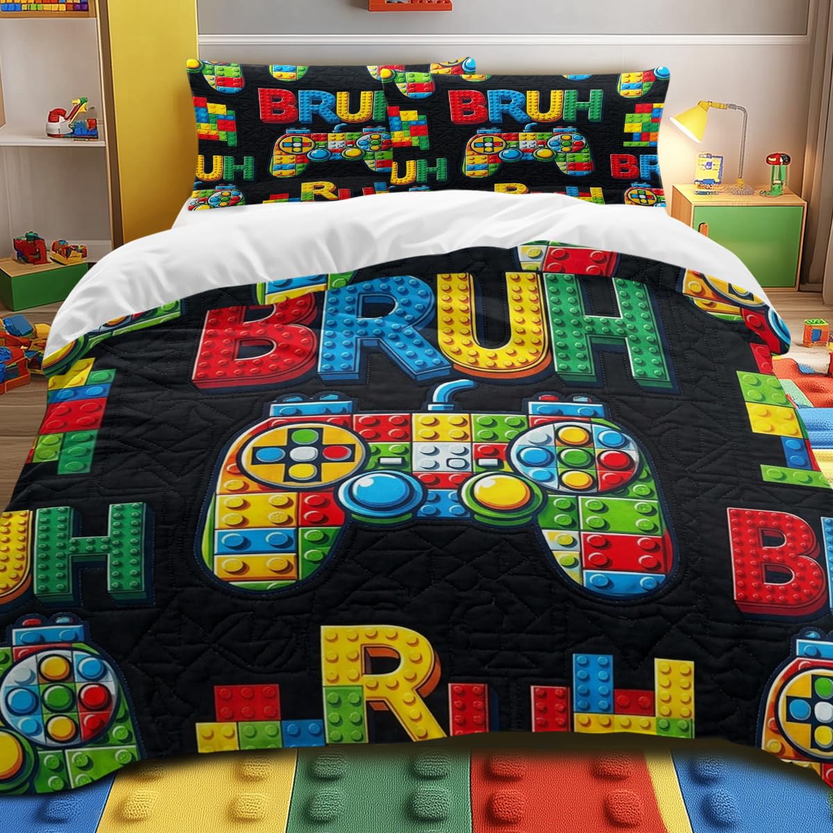Gamer Duvet Cover Set Double Size, Colorful BRUH Video Game Controller Pattern on Black, Soft Microfiber Bedding for Teen Boys and Dorm Rooms, Zipper Closure, Corner Ties, Easy Care