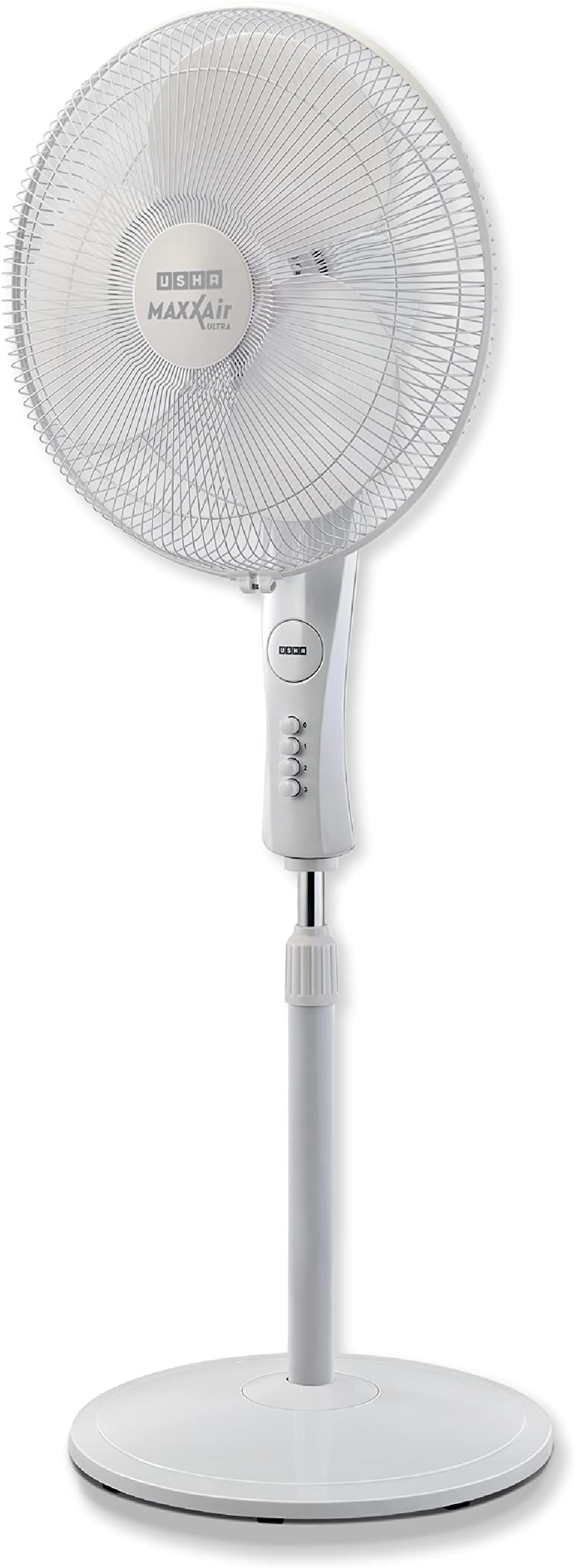 - USHA Maxx Air Ultra Pedestal Fan | 400MM Sweep Size | 1350_RPM | Aerodynamic Blade Design for High Air Delivery | Anti - Rust Protection | 100% Copper Motor | 2 Year Warranty | White