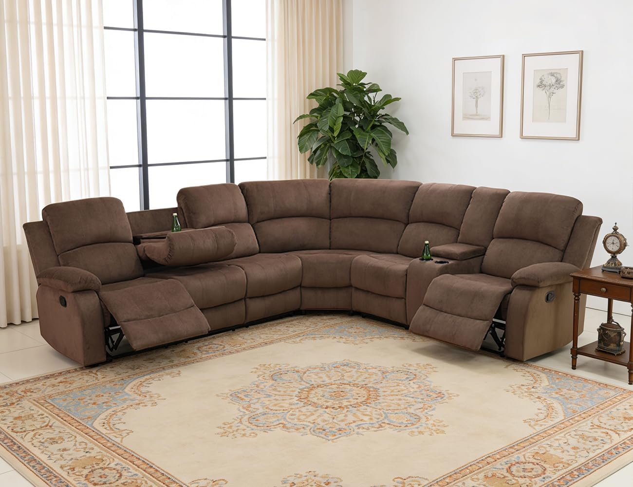 Manual Reclining Sectional Sofa Set, Living Room Furniture Sets, L-Shaped Sectional Couch, Comfy 6-Seat Corduroy Fabric Recliner Couch with Coffee Table/Cup Holders/Storage for Office, Brown