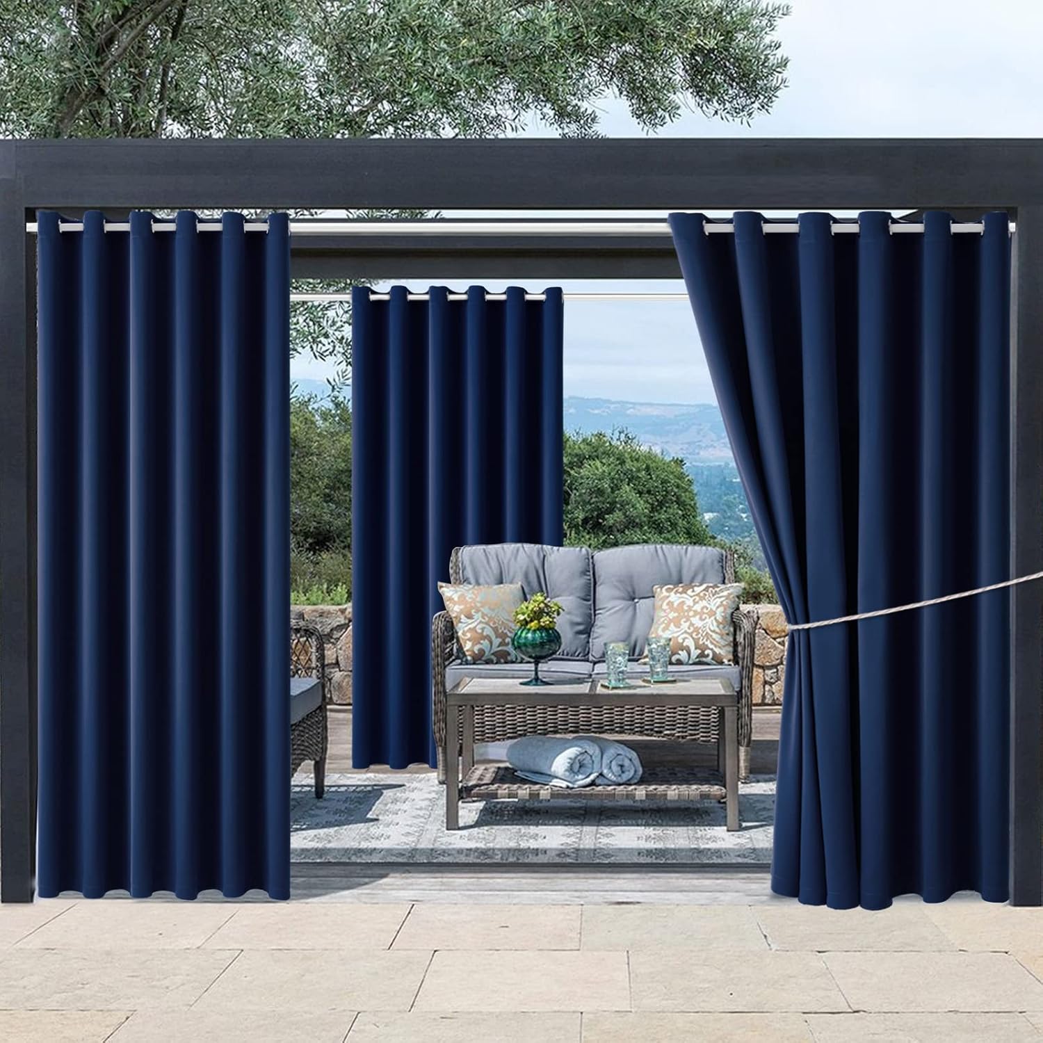 Water Proof Outside Curtains with Grommet Top for Porch, W84 x L120 Thermal Insulated Washable Light Block Outdoor Divider Drapes for Patio Gazebo Deck Pool Area Pergola Cabana (Navy)