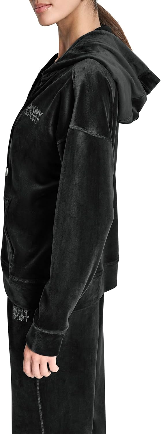 DKNY womens Full Zip Rhinestone Logo Novelty Velour Hoodie Sweatshirt - Image 3
