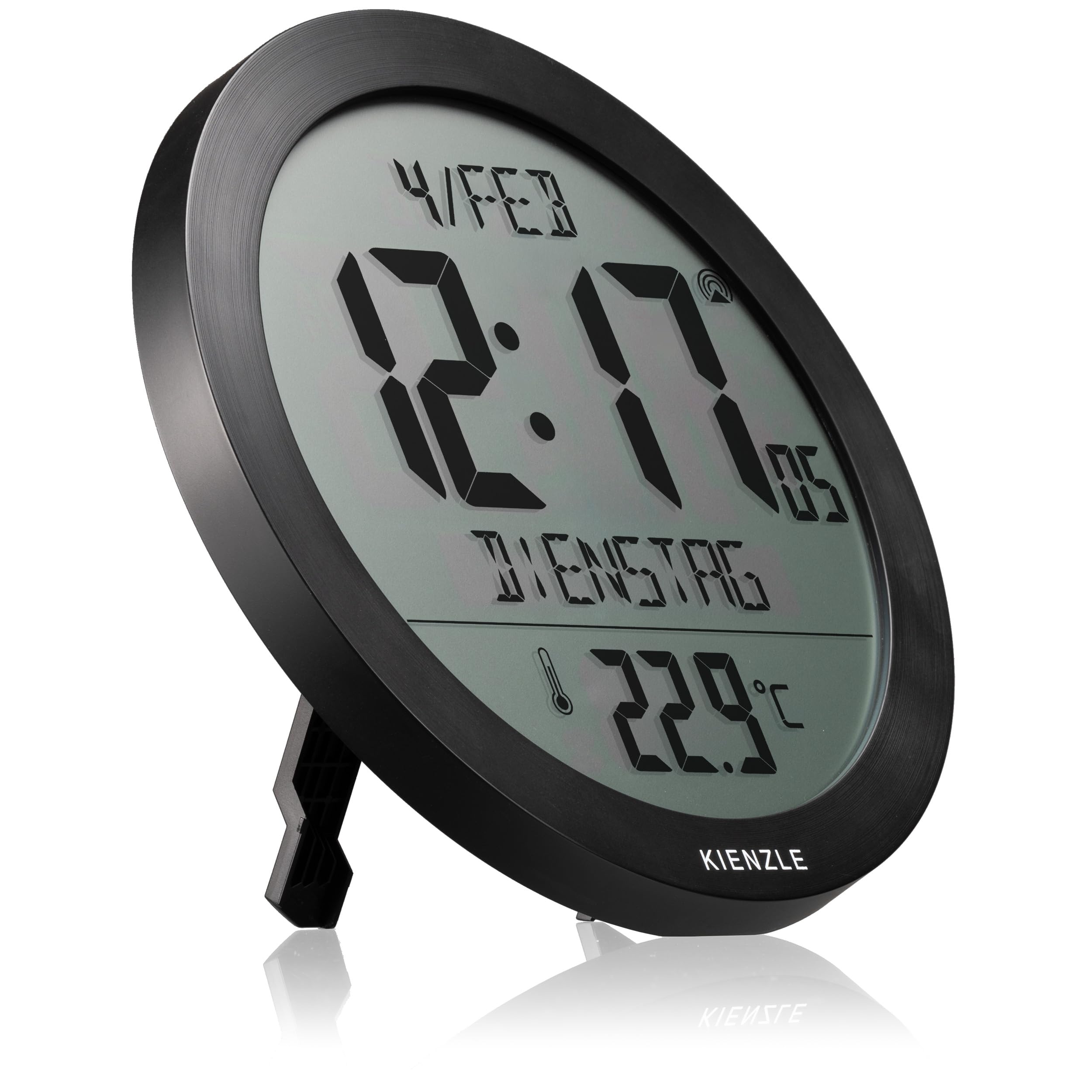 Kienzle Funkwanduhr Tischuhr mit Temperaturanzeige 18,7 cm Display DCF-Zeit Datum 2 Weckzeiten Schlummer schwarz
