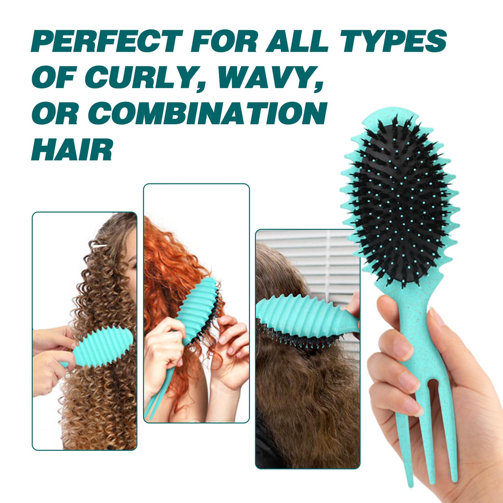 Cepillo de definición de rizos verdes para cabello rizado, cepillo de peinado y desenredante con peine para cabello rizado; incluye herramienta de peinado adicional; fibra vegana y cerdas de jabalí