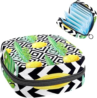 Period Pouch, Portable Tampon Storage Bag for Sanitary Napkins, Yellow Lemon Green Leaves Black Geometric, Multicolor, 4.7x6.6x6.6 in/12x17x17 cm
